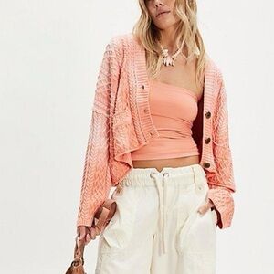 NWOT! Free People Washed Ashore Cable Knit Cardigan Pink Cloud Combo Medium
